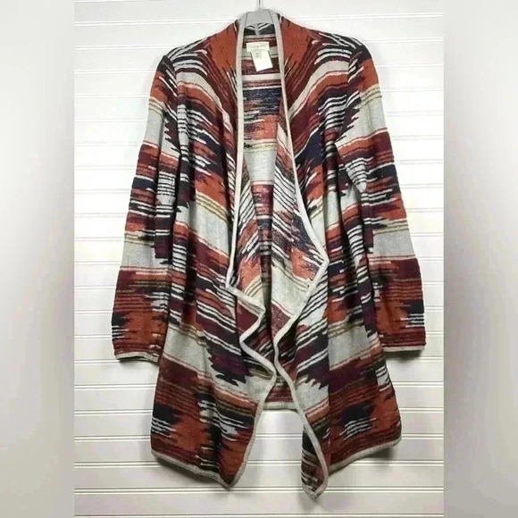 Lucky Brand Red Aztec Print Long Flyaway Open Cardigan Medium - Picture 1 of 11